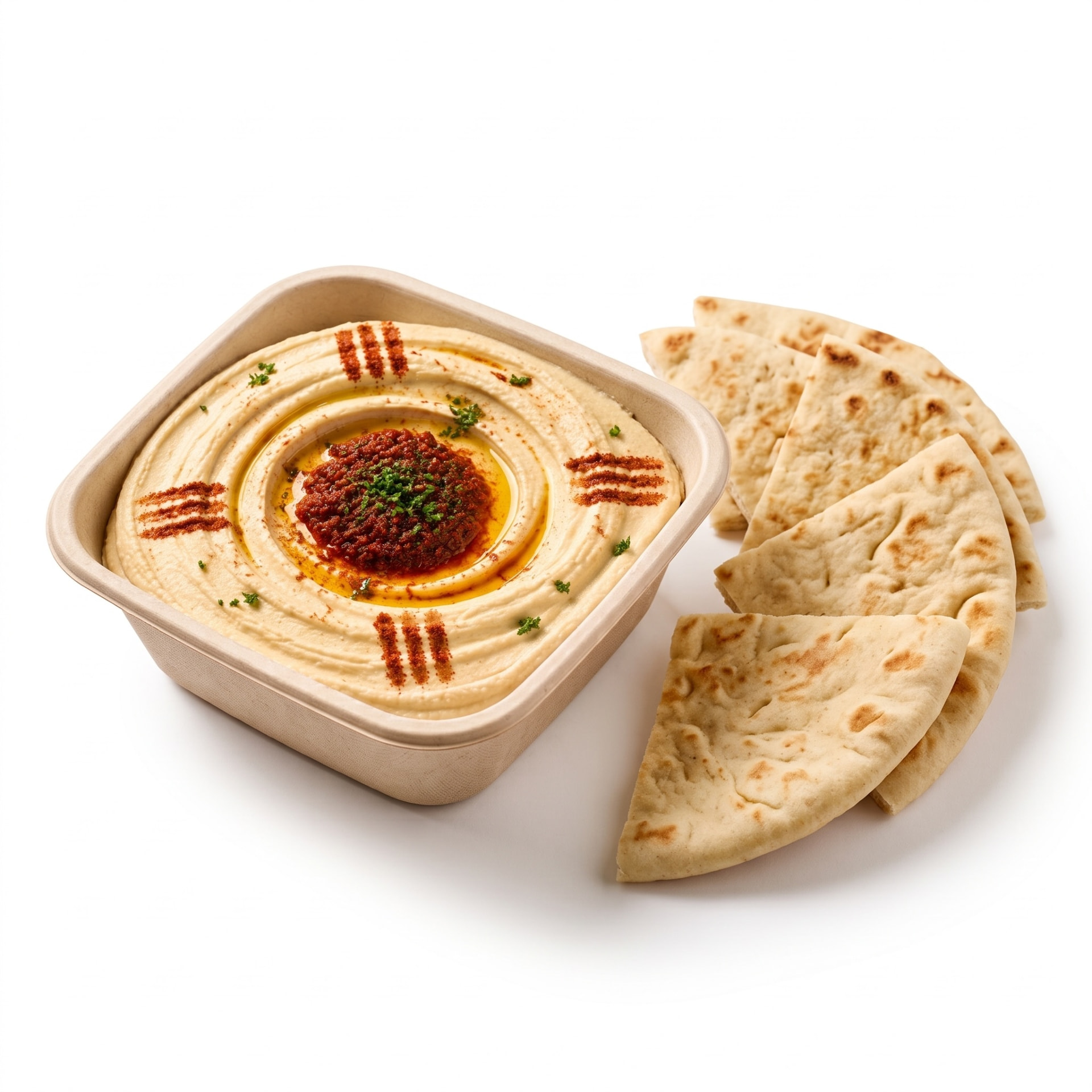 Zaki hummus served with fresh pita bread.
