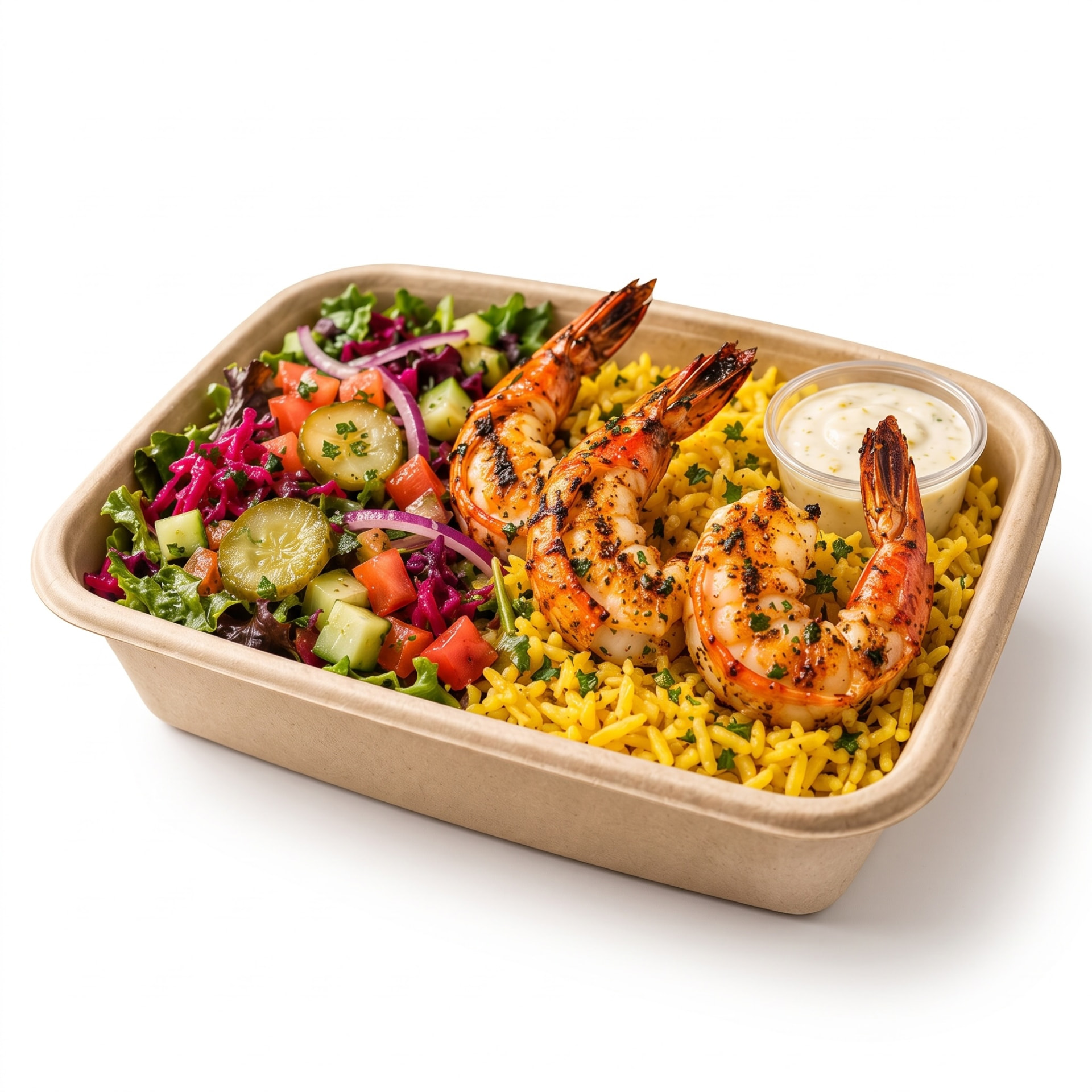 Zaki shrimp bowl with rice and salad