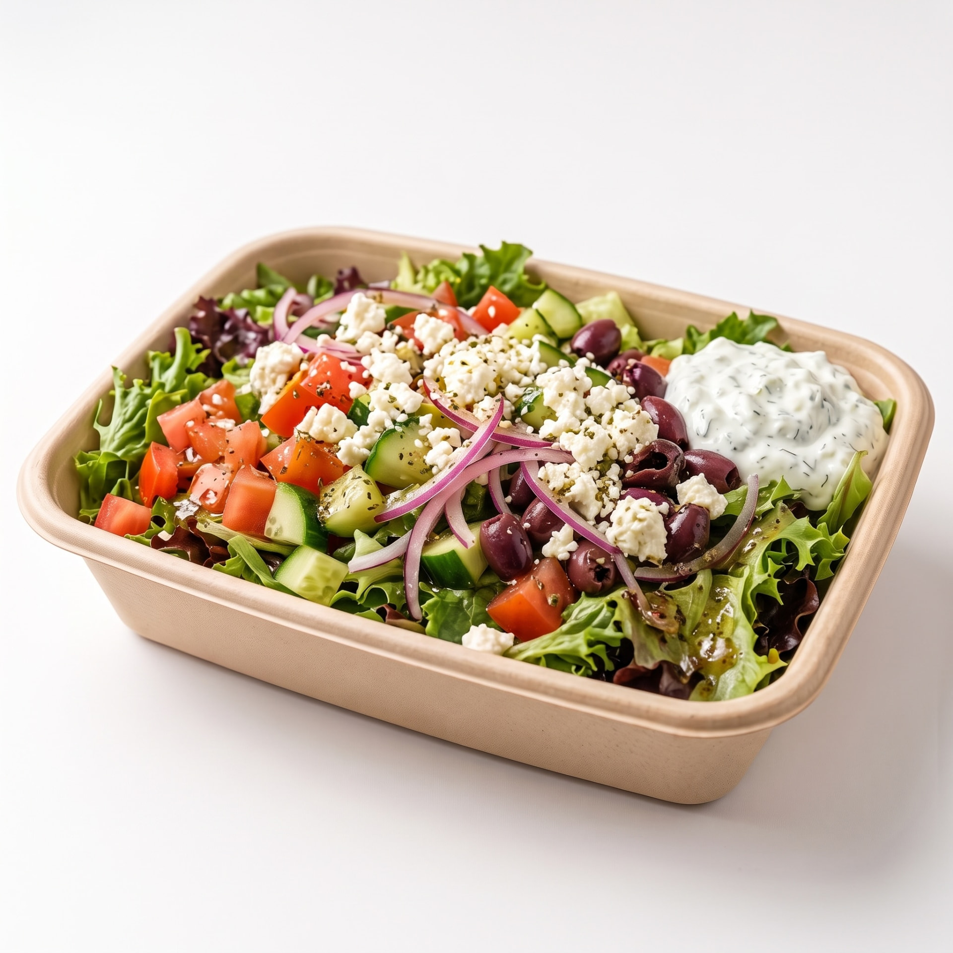 Greek salad with tomatoes, cucumbers, onions, feta, olives, vinaigrette, and tzatziki.