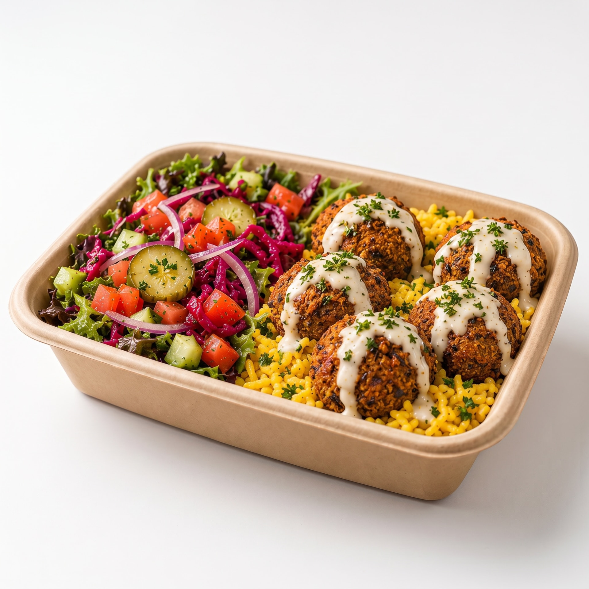 Zaki falafel bowl with rice, salad and sauce