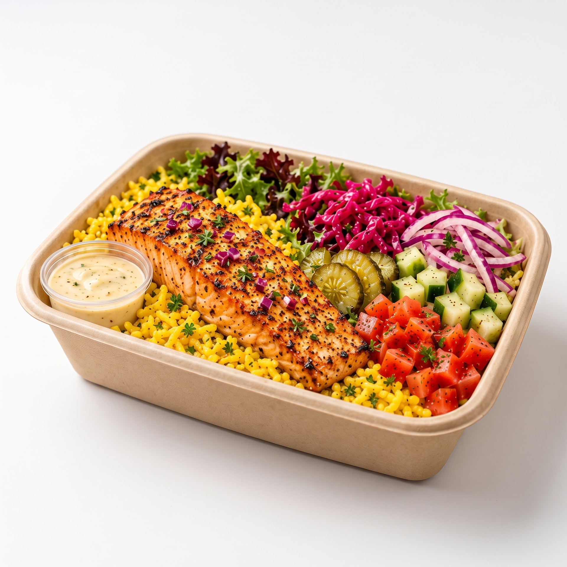 Zaki salmon bowl with rice and salad