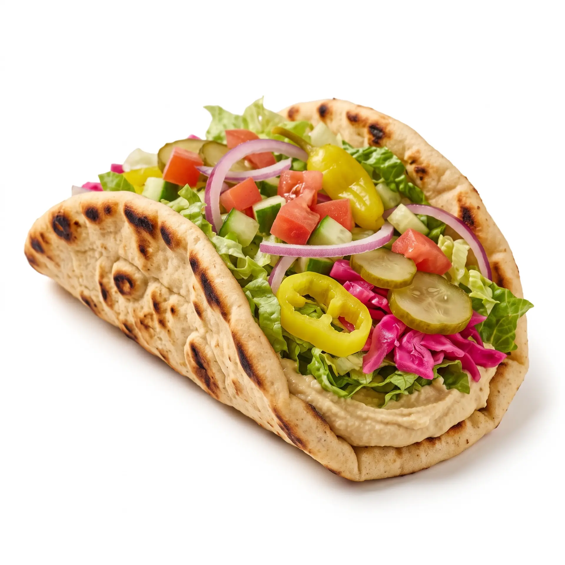 Veggie gyro pita wrap with hummus and fresh vegetables