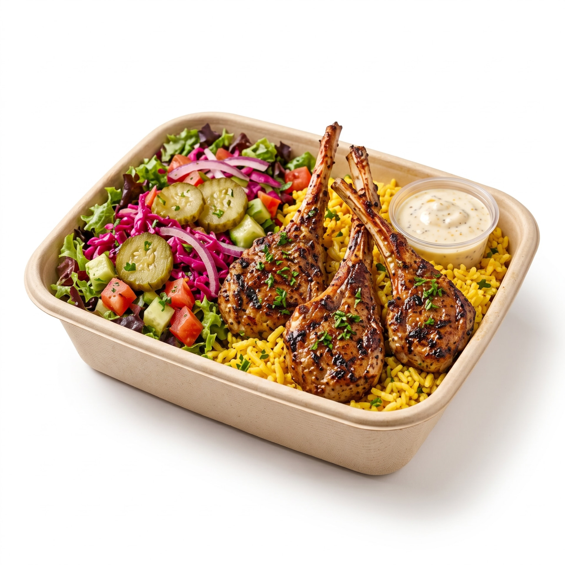 Zaki lamb chops bowl with rice and salad