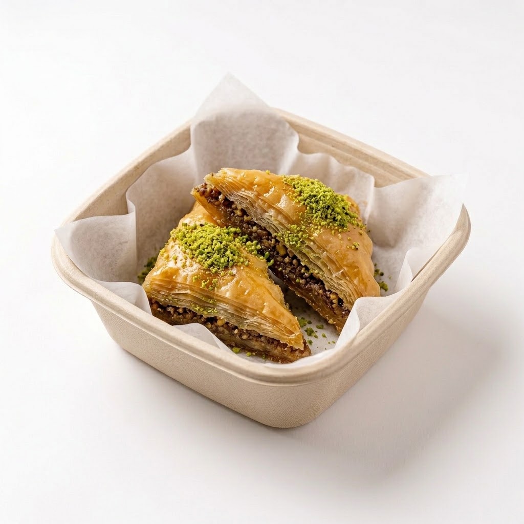 Pieces of classic baklava with layered pastry and pistachio garnish.