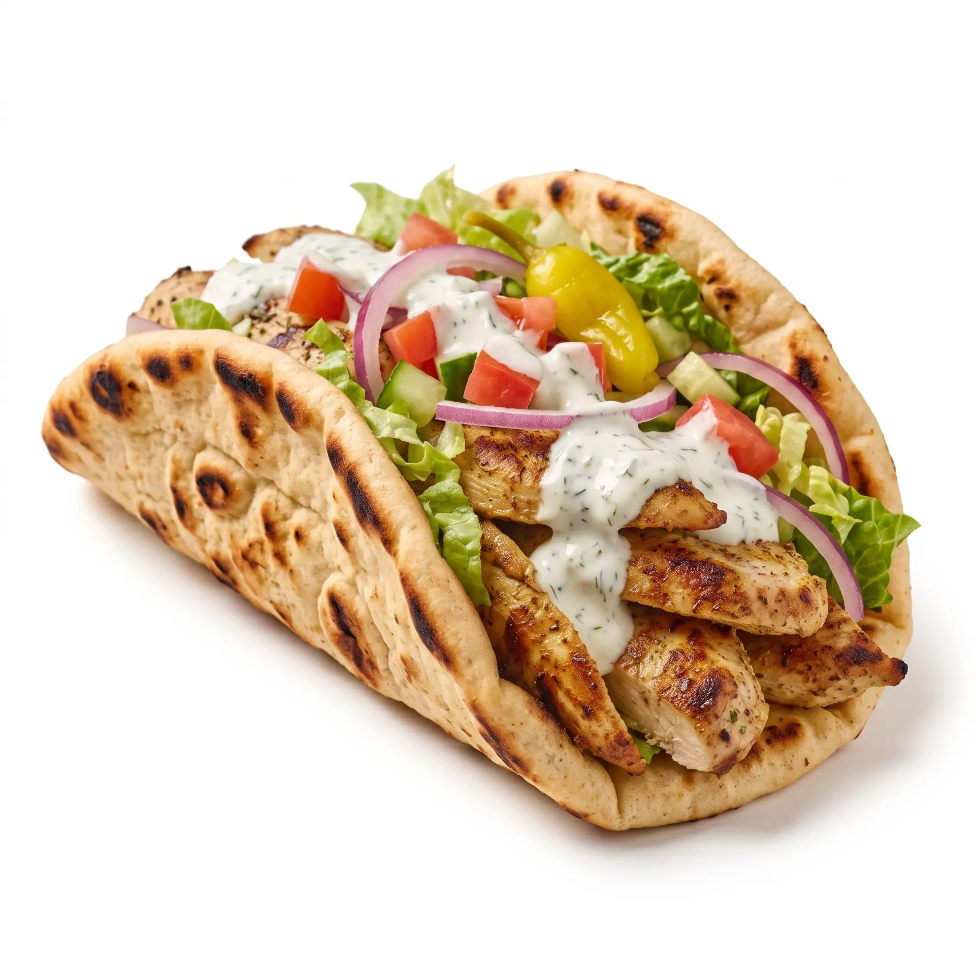 Chicken gyro pita wrap with fresh vegetables and sauce